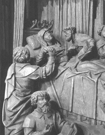 Retabel met scènes uit het leven van Maria, detail: Maria op haar sterfbed