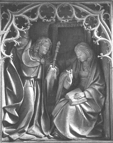 Passieretabel, detail: Annunciatie; Maria, lezend, wordt bezocht door de engel