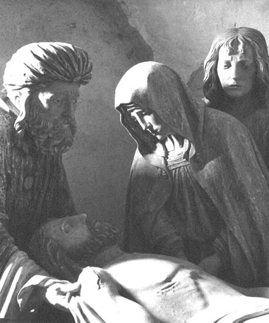 Graflegging van Christus, detail: Jozef van Arimatea, Maria en Johannes de Evangelist