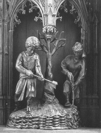 Retabel van Hakendover, detail: boom wordt omgehakt (met het oog op de bouw van de kerk)