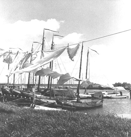Boten op de rivier; waslijnen