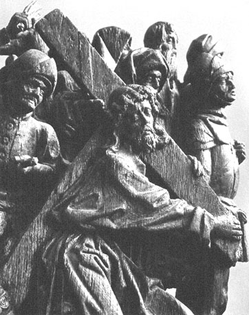 Christus draagt het kruis, begeleid door soldaten