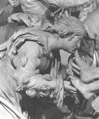 Christus wordt neergelegd na kruisafneming, detail: Maria Magdalena