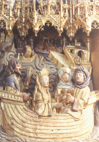 Retabel van Sint-Dymphna, detail: Dymphna, Gerebernus, een hoveling en zijn vrouw, arriveren in de haven van Antwerpen