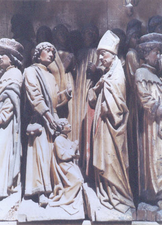 Sint-Leonardus retabel, detail linker deel: Leonardus toevertrouwd aan sint Remigius