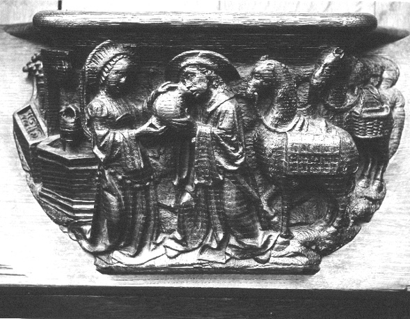 Koorbanken, detail: misericorde met Rebekka die de  bediende te drinken geeft