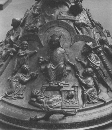 Doopvont met bijbelse en symbolische voorstellingen van de doop, deksel, detail: Maria van Barmhartigheid, 'Mater Misericordiae'