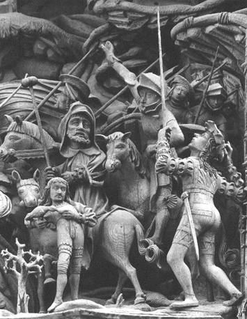 Altaar van de Zeven Smarten van Maria, centrale scène: omvattende voorstelling van de gebeurtenissen op Golgotha terwijl Christus aan het kruis hangt, detail: soldaten en ruiters