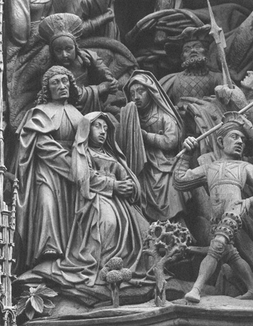 Altaar van de Zeven Smarten van Maria, centrale scène: Kruisiging van Christus detail: omstanders aan de voet van het kruis waaronder Maria, Maria Magdalena en Johannes de Evangelist