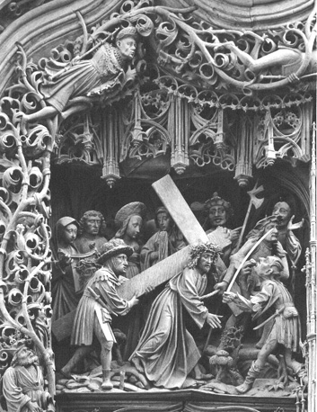 Altaar van de Zeven Smarten van Maria, scène links, bovenaan: Christus draagt het kruis; deel van de boom van Jesse