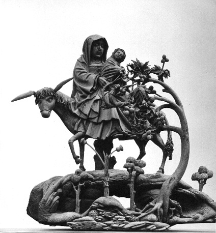 Altaar van de Zeven Smarten van Maria, scène links, beneden: Vlucht naar Egypte, detail: Maria met Christuskind op ezel (buiten retabel)