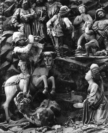 Sint Joris altaar, centrale scène, detail: sint Joris en de draak, de biddende prinses, sint Vitus biddend in een pot kokende olie, en (linksboven) de koning met zijn begeleiders