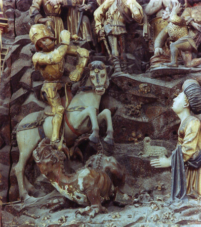 Sint Joris altaar, centrale scène, detail: sint Joris en de draak, de biddende prinses