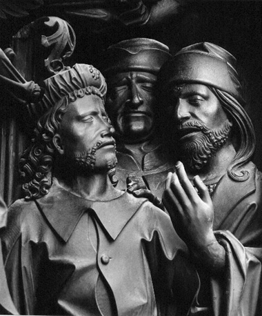 Anna-altaar, uitgebreide voorstelling van 'Anna-te-drieën', detail: de drie echtgenoten van Anna