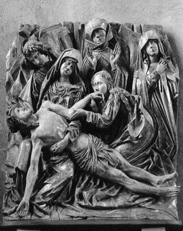Bewening van de dode Christus: zijn lichaam ondersteund door Maria; Johannes, Maria Magdalena en anderen aanwezig
