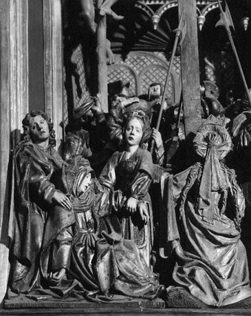 Passie-retabel, centrale scène (Christus aan het kruis), detail: Johannes, Maria Magdalena, Maria aan de voet van het kruis, Maria bezwijmt