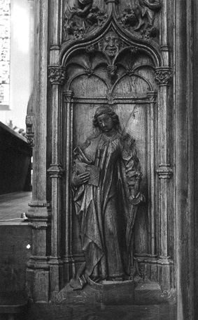Koorgestoelte, afsluitende wang (gezien vanuit het westen): heilige Catharina van Alexandrië