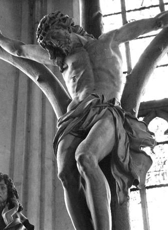 Gekruisigde Christus met Maria en Johannes aan weerszijden van het kruis, detail: Christus aan het kruis en hoofd van Johannes