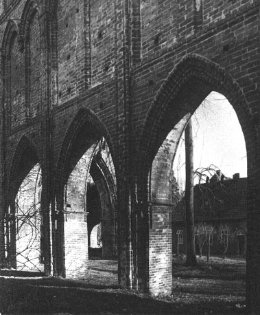 Ruïne van abdijkerk: zicht op zuidelijke scheimuur van het schip