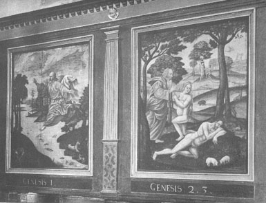 Nonnengalerij, koorgestoelte met fresco's (vanuit het noorden), detail: Genesis vanaf schepping tot verdrijving uit paradijs