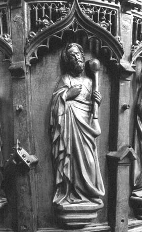 Doopvont, steunend op drie knielende engelen; en reliëf: voorstellingen van Christus, Maria, heilige Dorothea en negen apostelen; detail: Jacobus de Mindere