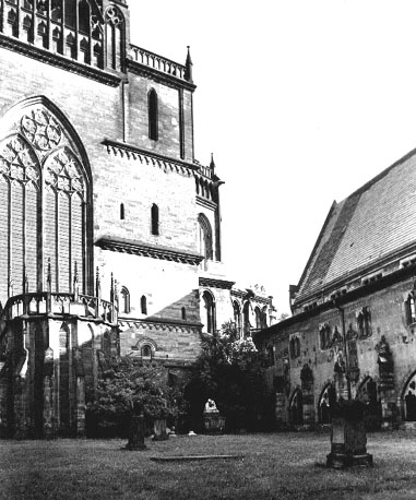Zuidertransept (met scheerhuis), klooster-hof en oostelijke vleugel van klooster-gang, gezien vanuit het zuiden