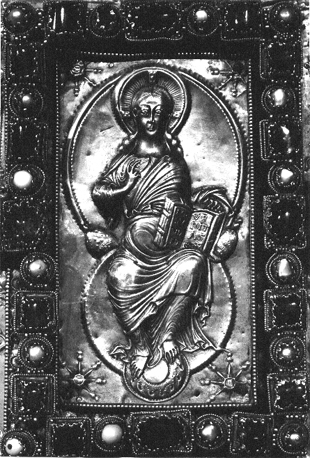 Bovenzijde van Codex Aureus, detail: Tronende Christus, in mandorla, met spreek- of zegenend gebaar en boek