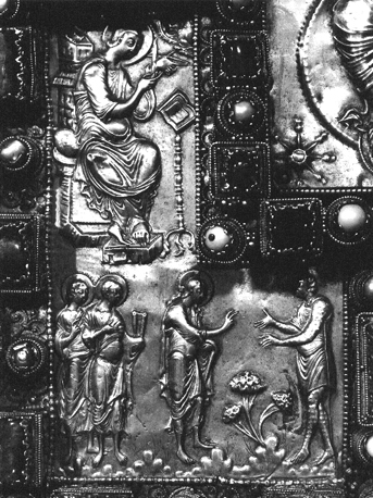 Bovenzijde van Codex Aureus, detail: evangelist Marcus; genezing van de melaatse