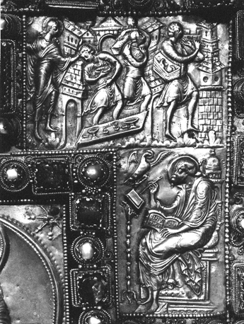 Bovenzijde van Codex Aureus, detail: Johannes de Evangelist; Verdrijving van de wisselaars uit de tempel