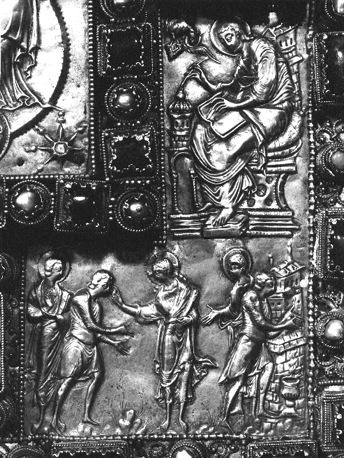 Bovenzijde van Codex Aureus, detail: Lucas de evangelist; Christus geneest blinden