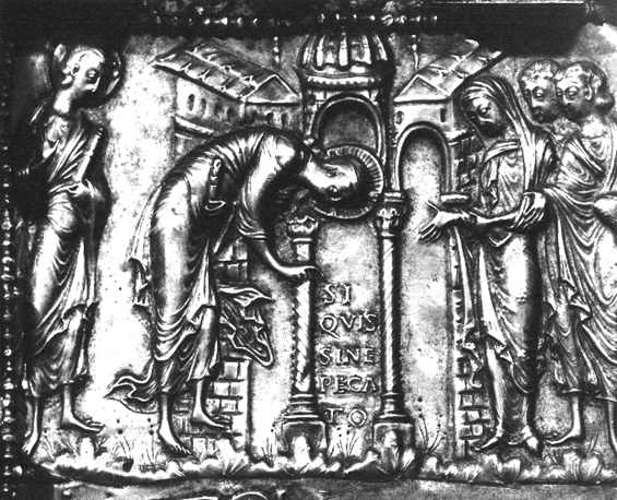Bovenzijde van Codex Aureus, detail: vrouw beschuldigd van overspel, Christus wijst naar of schrijft op de grond