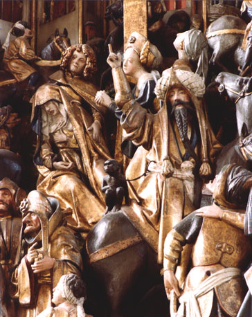 Passieretabel, detail: omstanders aan de voet van het kruis, onder wie Maria, Maria Magdalena en Johannes de Evangelist