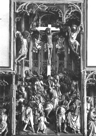 Passieretabel, centrale scène: Christus' dood aan het kruis (uitvoerige voorstelling)