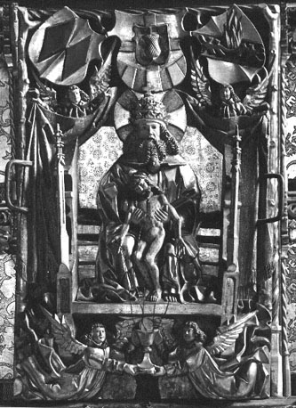 Kloosterkerk, nonnenkoor, Mariaretabel, detail: God de Vader die het lichaam van de dode Christus vasthoudt, duif tussen hen in