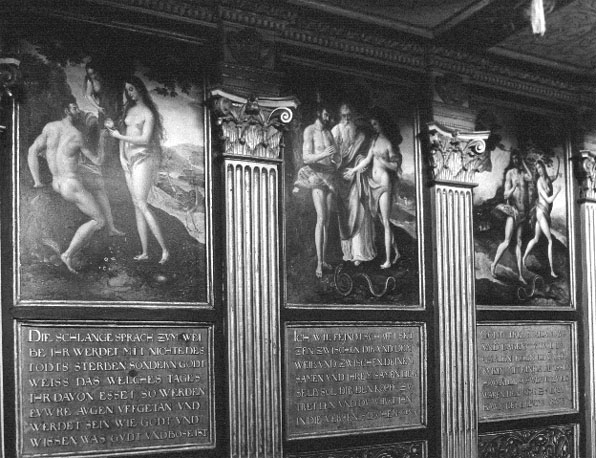 Kapel, koninklijke loge: muurschilderingen met de Verzoeking en Zondeval van Adam en Eva
