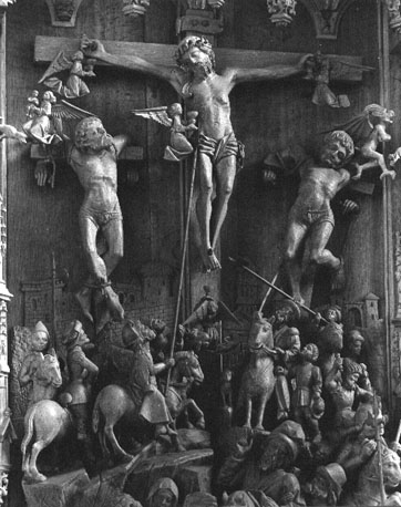 Passieretabel (middenstuk, bovenste deel): omvattende voorstelling van de gebeurtenissen op Golgotha als Christus aan het kruis hangt, veel soldaten aan de voet van het kruis