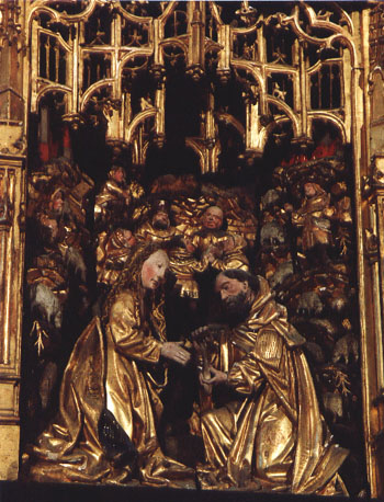Koor: altaarretabel met 15 scènes uit de jeugd en Passie van Christus, detail: Maria en Jozef, op de achtergrond herders en schapen