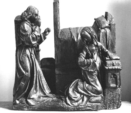 Fragment van retabel: Annunciatie: engel Gabriël bezoekt Maria