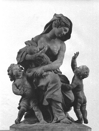 Een vrouw, tussen twee putti, geeft een kind de borst ('Caritas')