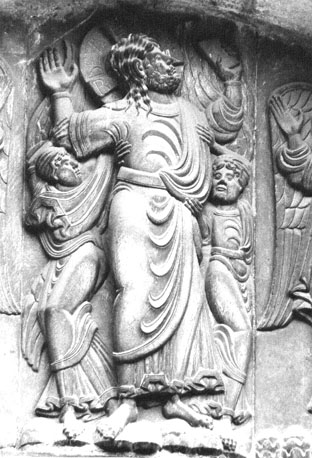 Zuidelijke façada, Porte Miègeville, timpaan, detail: Hemelvaart, Christus stijgt op ten hemel, geassisteerd door twee engelen