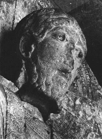 Timpaan, Laatste Oordeel, Christus als rechter in mandorla, detail: hoofd van Christus