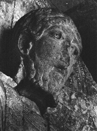 Timpaan, Laatste Oordeel, Christus als rechter in mandorla, detail: hoofd van Christus