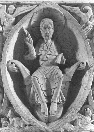 Altaar, voorzijde, detail: 'Majestas Domini': tronende Christus in mandorla, vergezeld door de vier symbolen van de evangelisten