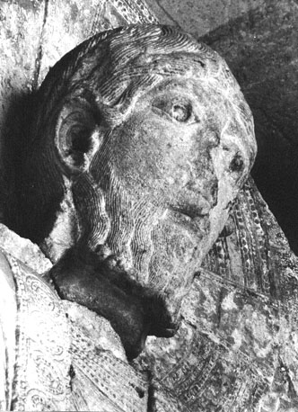 Westfacade, timpaan: Laatste Oordeel: Christus als Rechter in een mandorla, detail: hoofd van Christus