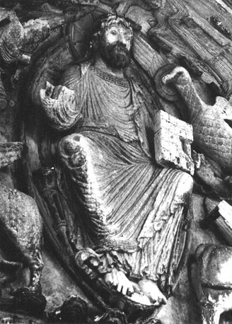 Timpaan: 'Majestas Domini', Christus in mandorla omgeven door de vier symbolen van de evangelisten
