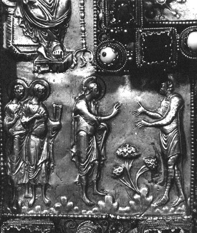 Bovenzijde van Codex Aureus, detail: evangelist Marcus (gedeeltelijk); genezing van de melaatse