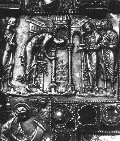 Bovenzijde van Codex Aureus, detail: de overspelige vrouw