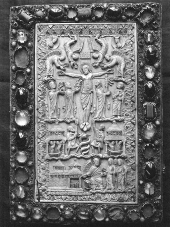 Boekband van evangeliarium, ivoor in boekband: Kruisiging van Christus, Kerk en Synagoge ('Ecclesia' and 'Synagoga', de heilige vrouwen bij het lege graf