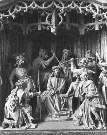 Passie-retabel, detail: soldaten zetten een doornenkroon op Christus' hoofd