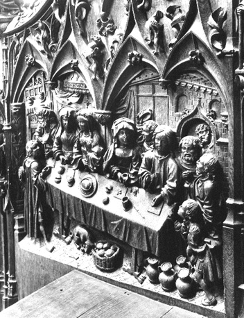 Koorbanken, detail: bruiloftsfeest te Cana